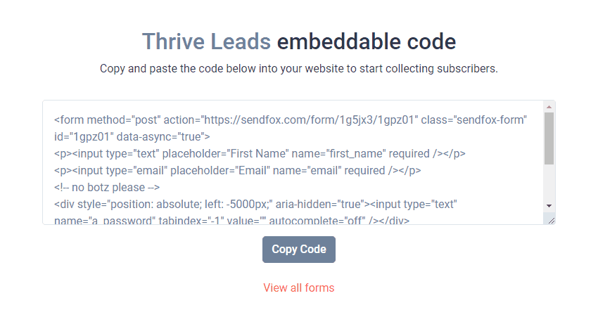 sendfox html form code to use with thrive leads